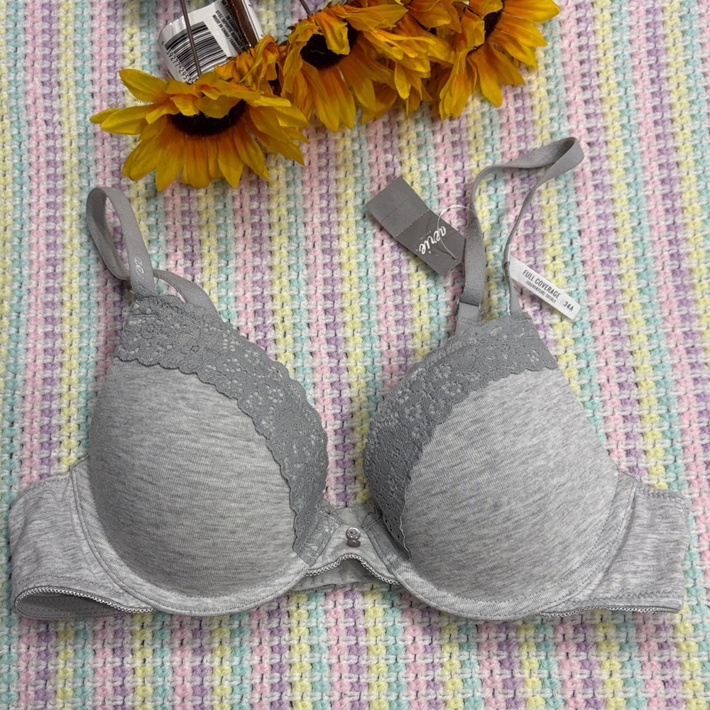 NWT Aerie Katie Full Coverage Heather Cute Gray Lace Lined Bra Women’s Size 34A